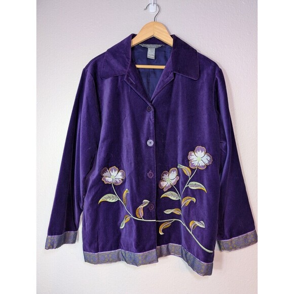 Jessica Holbrook Velvet Blazer M Purple Button Up Floral Embroidered VINTAGE 119 - Picture 1 of 8